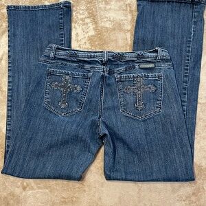 Cowgirl Tuff Dark Blue Boot Cut Jeans with Cross Embellishments Size 31